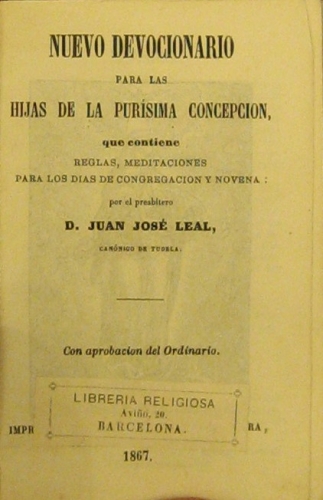 Portada de Nuevo Devocionario Para Las hijas De La Pur�sima Cocepci�n - Juan Jos� Leal