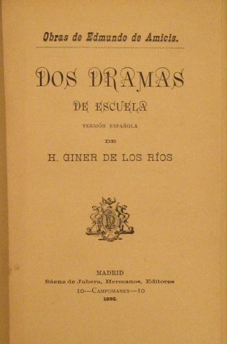 Portada de Dos dramas De Escuela.  - Edmundo De Amicis