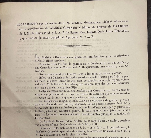 Portada de Reglamento Que De Orden De S.M. La Reina Gobernadora deber� Observarse En La Servidumbre De Azafatas, Camaristas y Mozas De Retrete De Los Cuartos De S.M. La Reina (Maria Cristina) y La Infanta Do�a Luisa Fernanda y cuidar� De Hacer Cumplir El Aya. 