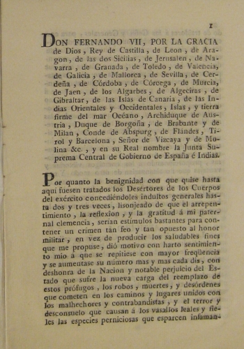 Portada de Fernando VII. Ordenanza Sobre los Desertores De Los Cuerpos Del Ejercito. Sevilla, 5 De Diciembre De 1809