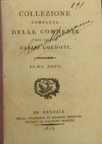 Portada de Collezione delle commedie. Tomo Noveno: La dama prudente, L�impresario delle Smirne, L�Alvaro Fastoso. - Goldoni