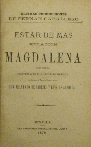 Portada de Estar de mas, Relaci�n y Magdalena.  - Fernan Caballero