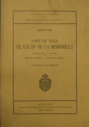 Portada de Lope De Vega. El Gal�n De La Membrilla.  - Diego Mar�n y Evelyn Rugg