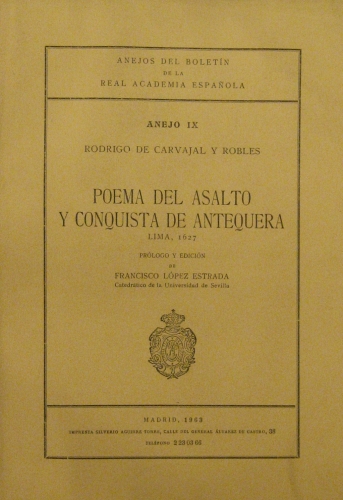 Portada de Poema del asalto y conquista de Antequera. Lima, 1627 - Rodrigo de Carvajal y Robles