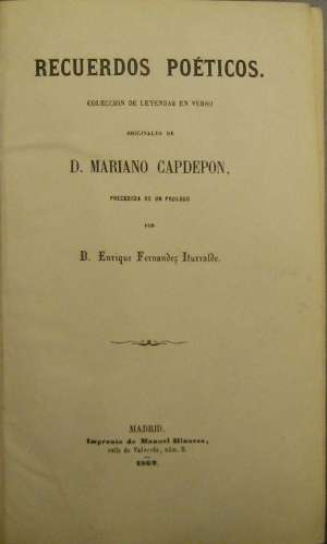 Portada de Recuerdos Po�ticos. Colecci�n De Leyendas En Verso - Mariano Capdepon