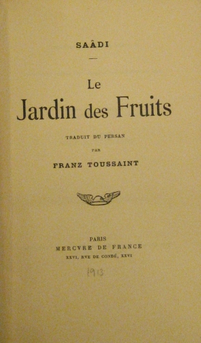 Portada de Le Jardin des Fruits.  - Saadi