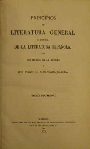 Portada de Principios de Literatura General e Historia de Literatura Espa�ola - Manuel de La Revilla y Pedro De Alc�ntara Garc�a