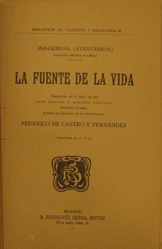Portada de La Fuente de la Vida, Tratados III, IV, V y �ltimo. - Inb-Gebirol (Aven-Cebrol) Fil�sofo Hebreo Espa�ol