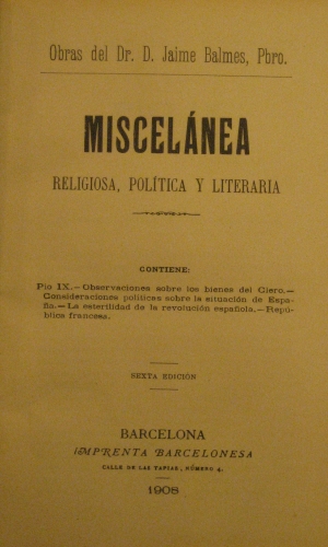 Portada de Miscel�nea religiosa, pol�tica y Literaria - Jaime Balmes