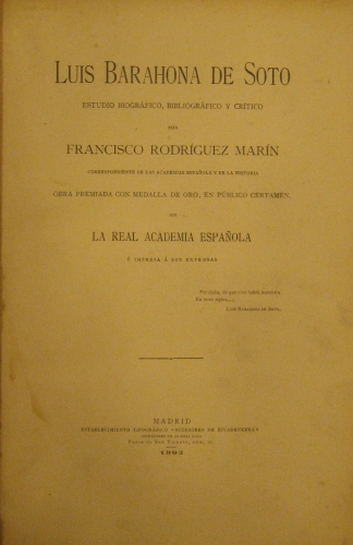 Portada de Luis Barahona de Soto, estudio biogr�fico, bibliogr�fico y cr�tico. - Rodriguez Marin
