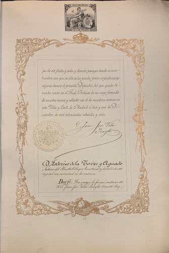 Portada de Real Despacho de Nobleza y Armas del Sr. Antonio de Arcos y Arlegui por el Cronista de Armas D. Juan Jose Vilar Psayla. 