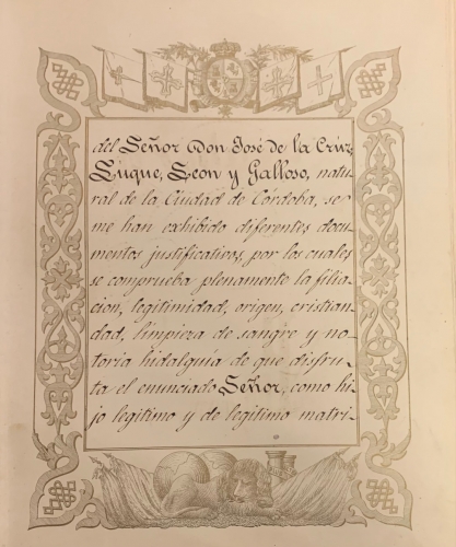 Portada de Real Despacho de Nobleza y Armas a favor del Sr. D. Jos� de la Cruz y Luque natural de la ciudad de C�rdoba