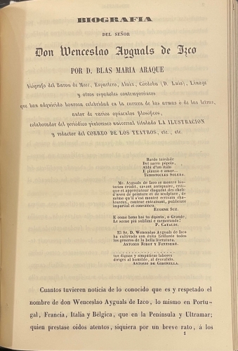 Portada de Biograf�a de D. Senen de Buenaga. Biograf�a de D. Fernando Cotoner. Noticia Bibliogr�fica de D. Jose de Gabriel. Biograf�a del Conde de Pu�onrostro/ Epilogo de los Apuntes Biograf�cos de Don Vicente Bertran de Lis/ Biografia de Don Wenceslao Ayguals de Izco / Biografia de D. Pedro Tellez Giron - Jos� Diaz Valderrama/ Jos� Gutierrez de la Vega/ Blas Mar�a Araque / Marqu�s de Miraflores
