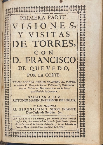 Portada de Recetas de Torres a�adidas a los remedios de cualquier fortuna y a las desdichas que consolaron Lucio Aneo Seneca, Don Francisco de Quevedo y Don Francisco Arias Carrilo/ Montante Christiano y Pol�tico, en pendencia musica-medica-diabolica/ Posdatas de Torres a Martinez, en la respuesta a Don Juan Barroso sobre la Carta Defensiva que escrivi� al Rmo. Padre Fray Benito Feijoo/ Antitheatro Delphico judicial jocosero al Theatro Critico Universal/ Entierro del Juicio Final y Vivificaci�n de la Astrologia/ Cartilla Rustica, Phisica Visible y Astrologia Innegable / Visiones y Visitas de Torres con D. Francisco de Quevedo por la Corte - Diego de Torres Villarroel. Geminiano Zafra Ciscodexa