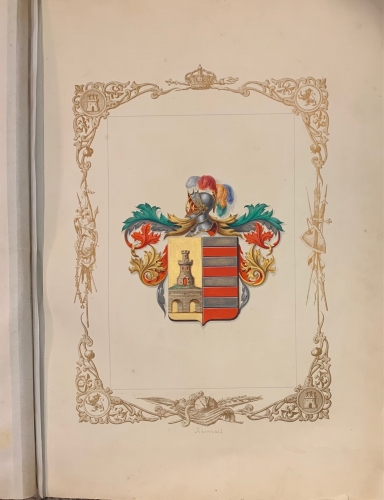 Portada de Real Despacho de Nobleza y Armas del Sr. Antonio de Arcos y Arlegui por el Cronista de Armas D. Juan Jose Vilar Psayla. 