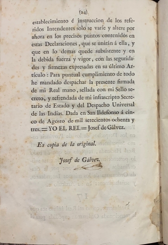 Portada de Real Ordenanza para el Establecimiento � Instruccion de Intendentes de Ex�rcito y Provincia en el Virreinato de Buenos Aires. A�o 1782
