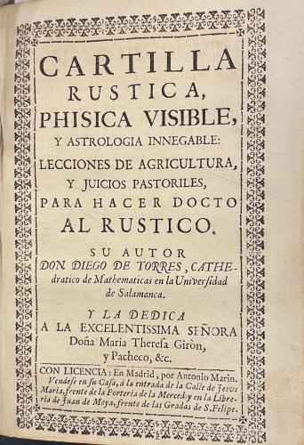 Portada de Recetas de Torres a�adidas a los remedios de cualquier fortuna y a las desdichas que consolaron Lucio Aneo Seneca, Don Francisco de Quevedo y Don Francisco Arias Carrilo/ Montante Christiano y Pol�tico, en pendencia musica-medica-diabolica/ Posdatas de Torres a Martinez, en la respuesta a Don Juan Barroso sobre la Carta Defensiva que escrivi� al Rmo. Padre Fray Benito Feijoo/ Antitheatro Delphico judicial jocosero al Theatro Critico Universal/ Entierro del Juicio Final y Vivificaci�n de la Astrologia/ Cartilla Rustica, Phisica Visible y Astrologia Innegable / Visiones y Visitas de Torres con D. Francisco de Quevedo por la Corte - Diego de Torres Villarroel. Geminiano Zafra Ciscodexa