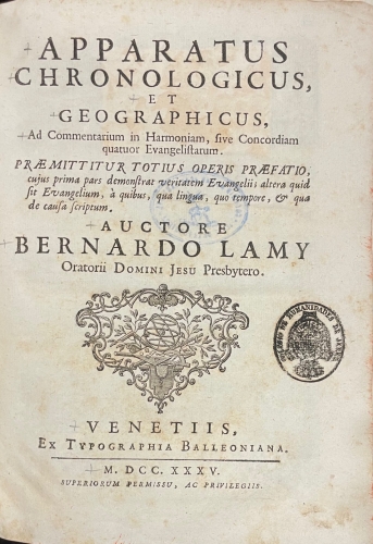 Portada de Commentarius in Harmoniam sive Concordiam quatuor Evangelistarum, et Apparatus Chronologicus ac Geographicus - Bernardo Lamy