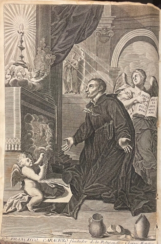 Portada de Prodigiosa Vida del muy Ilustre Var�n, y Extatico Heroe, comunmente conocido por el P. de la Caridad, y por el predicadordel Amor de Dios El B. P. Francisco Caraciolo, Fundador de la Sagrada Religi�n de los Cl�rigos Menores - Eusebio Quintana