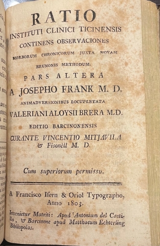 Portada de Ratio Instituti Clinici Ticinensis continens observationes morborum acutorum juxta novam brunosis methodum.  - Joseph Frank