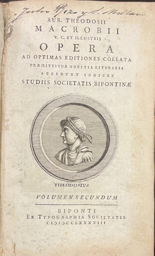 Portada de Aur. Theodosii Macrobii Opera ad optimas editiones collata praemittitur notitia literaria accedunt indices Studiis Societatis Bipontinae - Macrobio