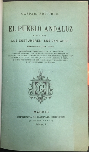 Portada de El Pueblo Andaluz. Sus tipos, sus costumbres, sus cantares - Jose Mar�a Gutierrez de Alba, Jos� Martin y Santiago