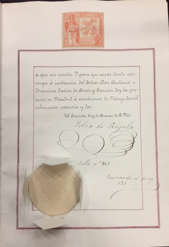 Portada de Certificaci�n de armas del apellido Arlegui. Navarra, Pamplona. Dado en Madrid en 1892. 