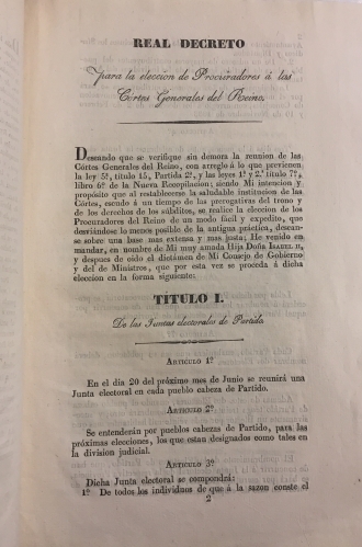 Portada de Real Convocatoria para la Celebraci�n de las Cortes Generales del Reino