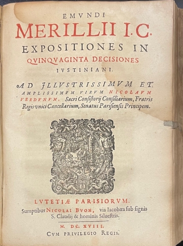 Portada de Observationum Libri III. Expositiones in Quinquaginta Decisiones Justiniani - Edmond Merille