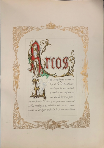 Portada de Real Despacho de Nobleza y Armas del Sr. Antonio de Arcos y Arlegui por el Cronista de Armas D. Juan Jose Vilar Psayla. 