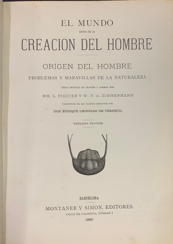 Portada de El Mundo antes de la Creaci�n del Hombre. El Hombre y el Animal - Figuier y Zimmermann. Arturo Mangin