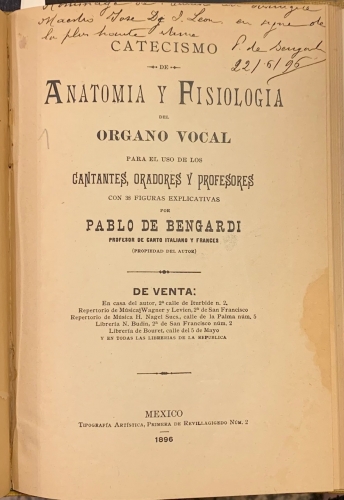 Portada de Teoria del Canto. Catecismo de Anatomia y Fisiologia del Organo Vucal - Ricardo A. Lodoza. Pablo de Bengardi