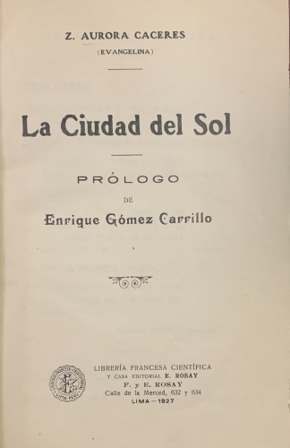 Portada de La Ciudad del Sol. (Cuzco) - Z. Aurora Caceres