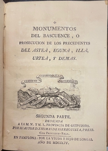 Portada de Semana Hispano-Bascongada, la �nica de la Europa y la m�s antigua del Orbe. Monumentos del Bascuence � Prosecuci�n de los precedentes del Ast�a, Egun�, Illa, Urtea y dem�s - Thomas de Sorreguieta