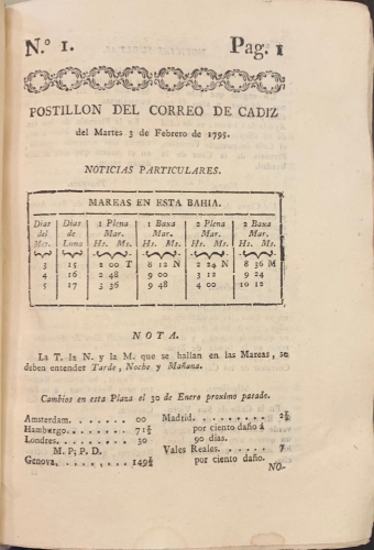 Portada de Correo de Cadiz. Postillon del Correo de Cadiz. Diario de Cadiz. 1795-1796. 