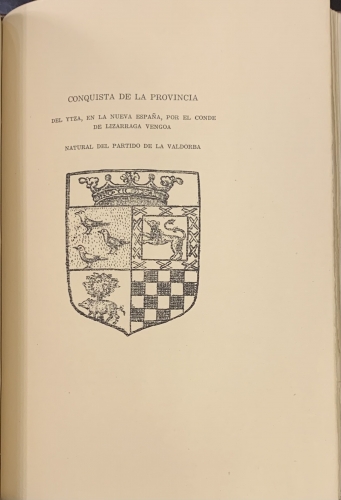 Portada de Nobiliario del Valle de la Valdorba con los escudos de armas de sus palacios y casas nobles y Relaci�n de la Conquista de Itza en la Nueva Espa�a por el Conde de Liz�rraga - Francisco de Elorza y Rada