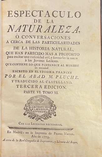 Portada de Espectaculo de la Naturaleza. Parte VI. Tomo XI - Abad M. Pluch�
