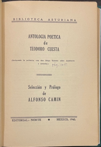 Portada de Antologia Poetica  - Teodoro Cuesta. Alfonso Camin