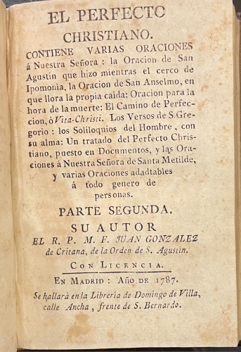 Portada de El Perfecto Christiano. - R.P.M.F Juan Gonzalez De Critana