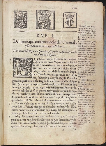 Portada de Volum e Recopilacio de Tots los Furs y Actes de Cort que tracten dels negocis y affers respectants a la Casa de la Diputacio y Generalitat de la Ciutat y Regne de Valencia en execucio del Fur 83 de les Corts del Any 1604 - Guillem Ramon Moral de Almenar