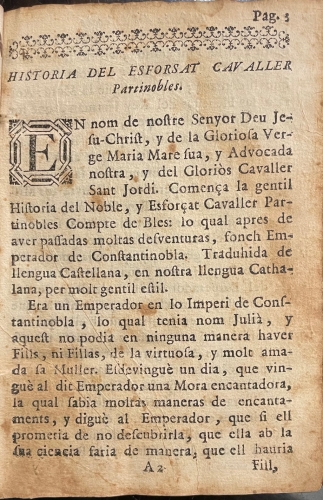 Portada de Assi Comensa la General Historia del Esfocat Cavaller Partinobles, Compte de Bles
