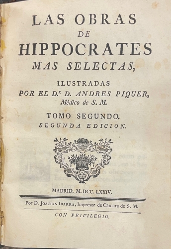 Portada de Las Obras de Hipocrates mas selectas - Hipocrates. Andres Piquer