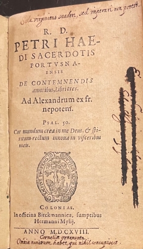 Portada de De Contemnendis Mundi Vanitatibus. De Contemnendis Amoribus - Diego de Estella. Pietro Cavretto