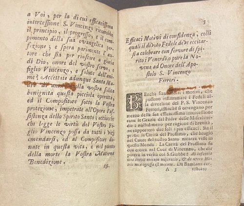Portada de Divoti Ossequi per celebrare con profitto spirituale i sette venerdi ad onore dell'Apostolo S. Vincenzo Ferreri dell'Ordine de Predicatori. San Vicente Ferrer