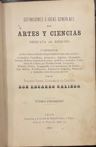 Portada de Definiciones e Ideas Generales de Artes y Ciencias dedicada al Ej�rcito - Eduardo Galindo