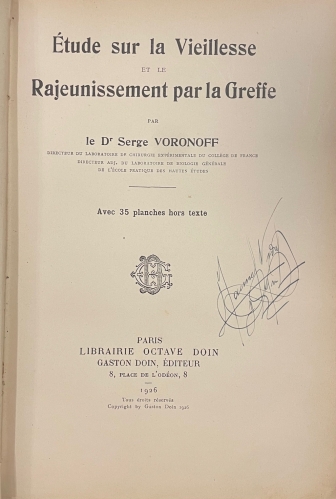 Portada de �tude sur la Vieillesse et le Rajeunissement par la Greffe. El Injerto Animal. Sus ventajosas aplicaciones a la ganader�a - Serge Voronoff