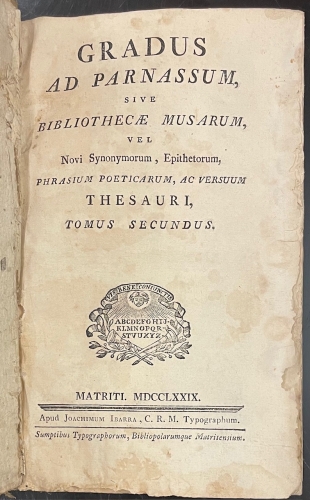 Portada de Gradus ad Parnassum, sive Bibliotheca Musarum, vel Novus Synonymorum, Epithetorum, Phrasium Poeticarum, ac Versuum Thesaurus - Paul Aler
