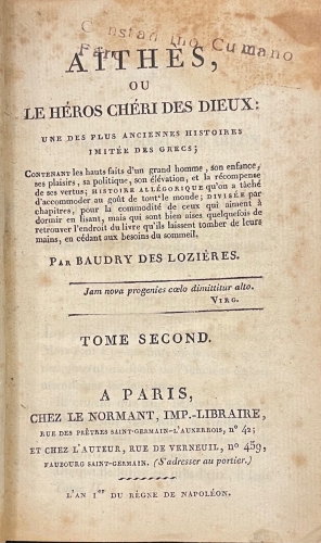 Portada de A�thes ou le Heros Cheri Des Dieux: une des plus anciennes histoires imitee des Grecs - Baudry des Lozieres