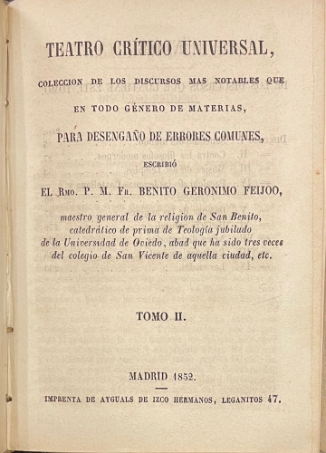 Portada de La Escuela Del Pueblo, Paginas De Ense�anza Universal. Tomo XII y XIII: Teatro Cr�tico Universal, Colecci�n De Los Discursos M�s Notables Que En Todo G�nero De Materias, Para Desenga�o De Errores comunes Por Benito Ger�nimo Feijoo. - Wenceslao Ayguals De Izco. Benito Geronimo Feijoo